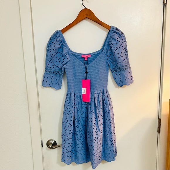 NWT Betsy Johnson Endless Sky Blue Eyelet Mini Dress Size: S JM108890 - Picture 1 of 5